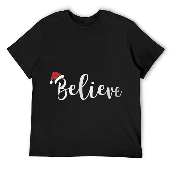 Mens Funny Believe Lettering With Santa Hat Graphic Xmas Present T-Shirt Black