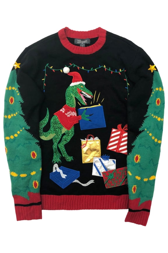 Mens Funny Black Sparkle T-Rex Dinosaur Christmas Holiday X-Mas Sweater Large