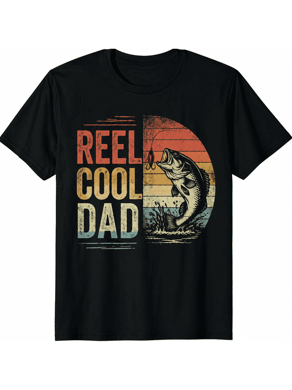 Mens Funny Fishing Dad T Shirts Reel Cool Dad Fathers Day Graphic Tee for Men Vintage Bass Fishing Graphic Tees