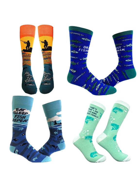 Mens Funny Fishing Socks Bundle 4 Pack Socks With Awesome Graphics for Men