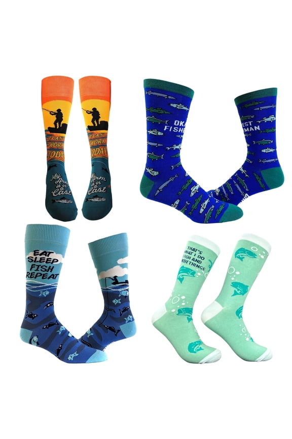 Mens Funny Fishing Socks Bundle 4 Pack Socks With Awesome Graphics for Men