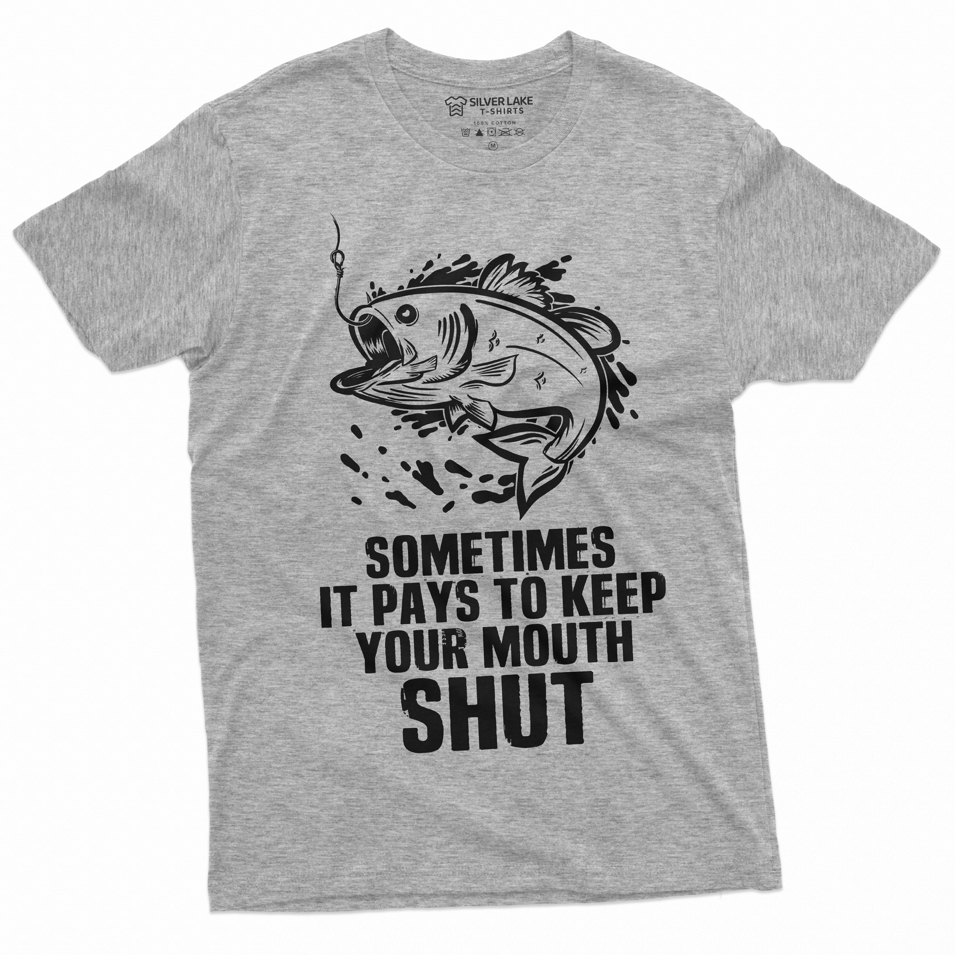 Mens Funny Fishing Tee Shirt Sometimes It Pays To Keep Your Mouth Shut Fish  Tee (X-Large Grey)