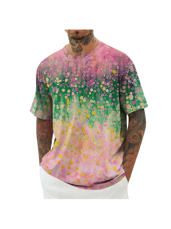 Mens Funny Floral Print T-shirt Plus Size Casual Short Sleeve Pullover Tops Comfy Lightweight Summer Crewneck Tees