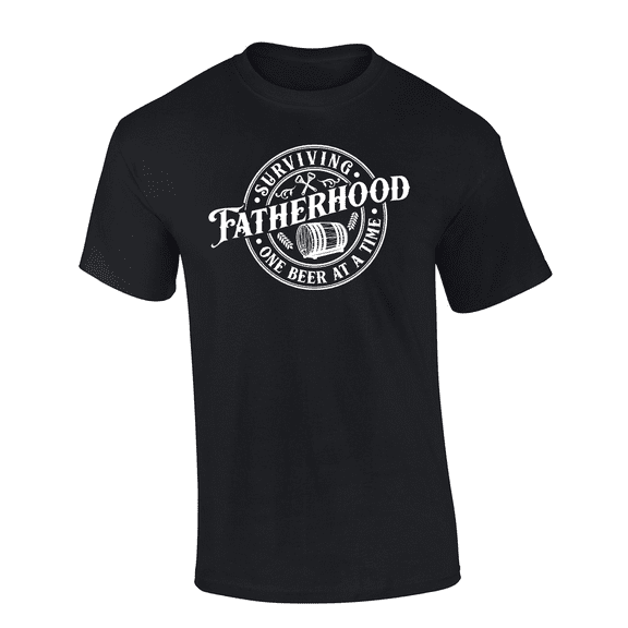Mens Funny Humorous Father's Day Wood Beer Barrell Surviving Fatherhood Mens Short Sleeve T-Shirt-Black-Small