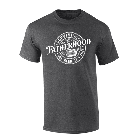 Mens Funny Humorous Father's Day Wood Beer Barrell Surviving Fatherhood Mens Short Sleeve T-Shirt-Heather Grey-XX-Large