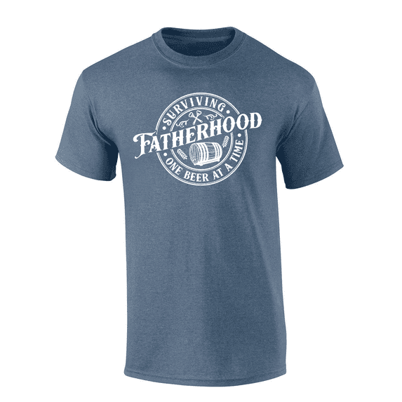 Mens Funny Humorous Father's Day Wood Beer Barrell Surviving Fatherhood Mens Short Sleeve T-Shirt-Heather Indigo-5X-Large