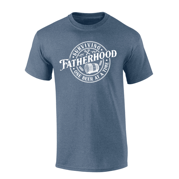 Mens Funny Humorous Father's Day Wood Beer Barrell Surviving Fatherhood Mens Short Sleeve T-Shirt-Heather Indigo-Small