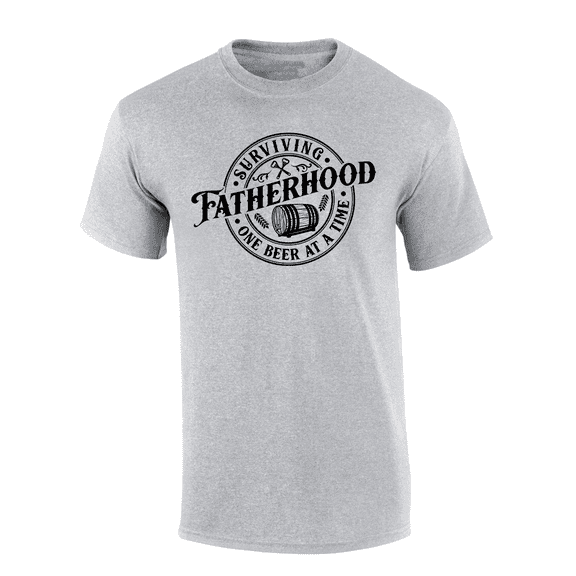 Mens Funny Humorous Father's Day Wood Beer Barrell Surviving Fatherhood Mens Short Sleeve T-Shirt-Sport Grey-X-Large