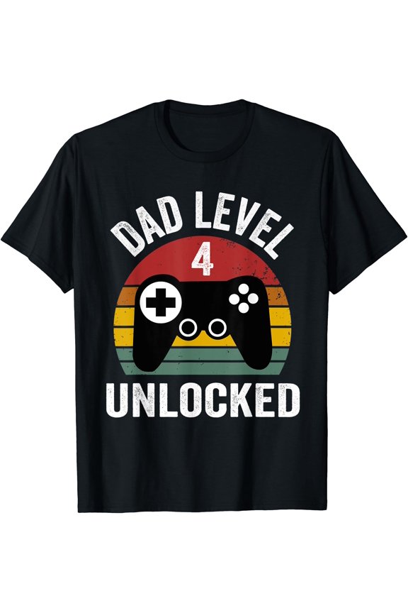Mens Funny New Dad Shirt Dad Level 4 Unlocked For 4 Kids Gaming T-Shirt