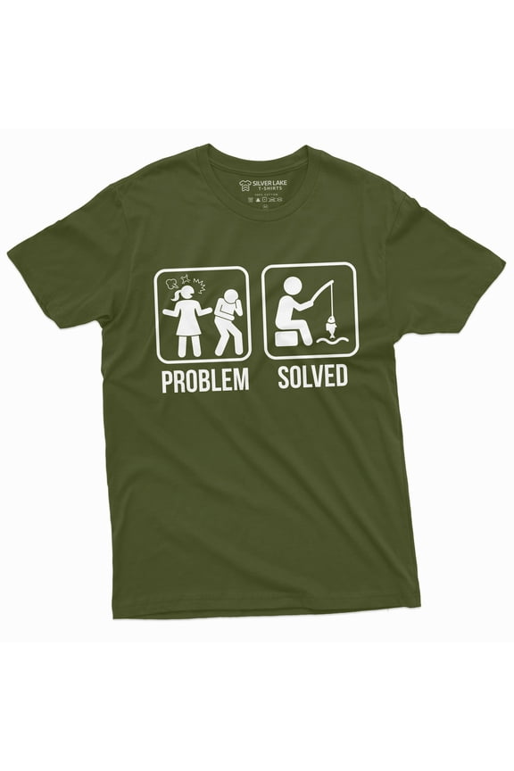 Mens Funny Problem Solved Fishing T-Shirt Fisherman Gifts Tee Relationship Tshirt (Large Military Green)