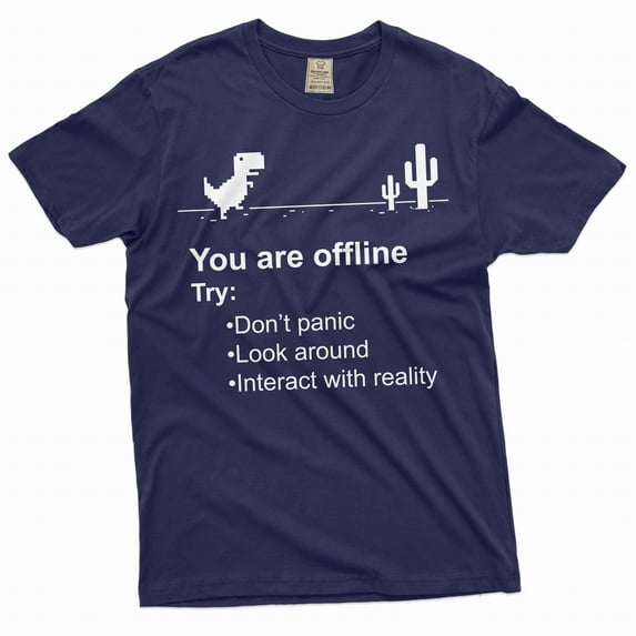 Mens Funny Shirt Google Offline Game Shirt T-Rex Dino Runner Shirt Humorous Gift (Large Navy Blue)
