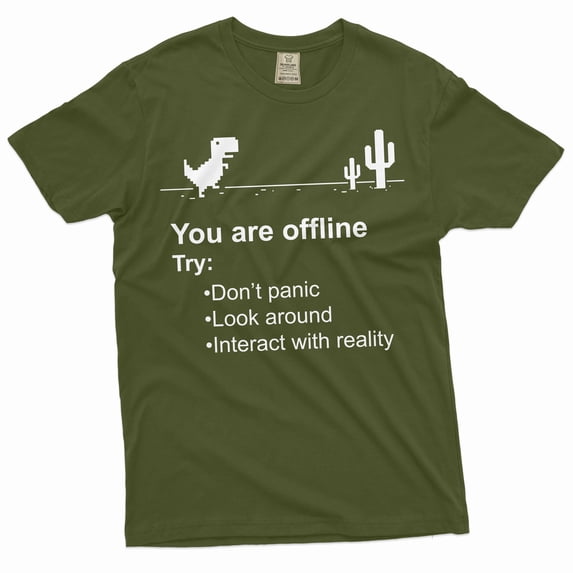 Mens Funny Shirt Google Offline Game Shirt T-Rex Dino Runner Shirt Humorous Gift (Small Military Green)