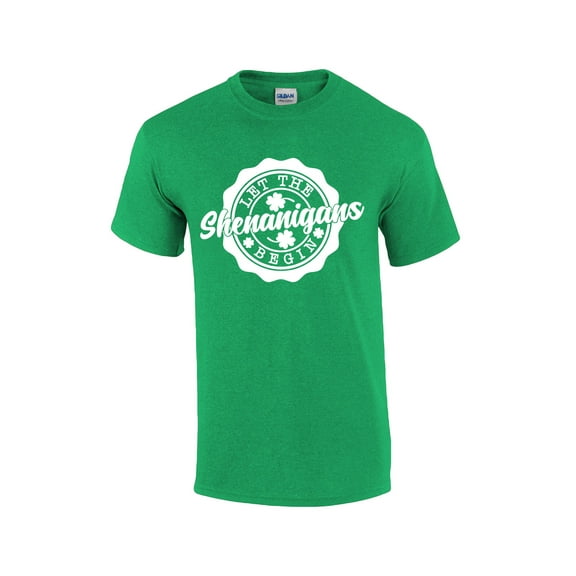 Mens Funny St. Patricks Day Let The Shenanigans Begin Shamrock Clover Short Sleeve T-shirt Graphic Tee-Antique Irish Green-4xl