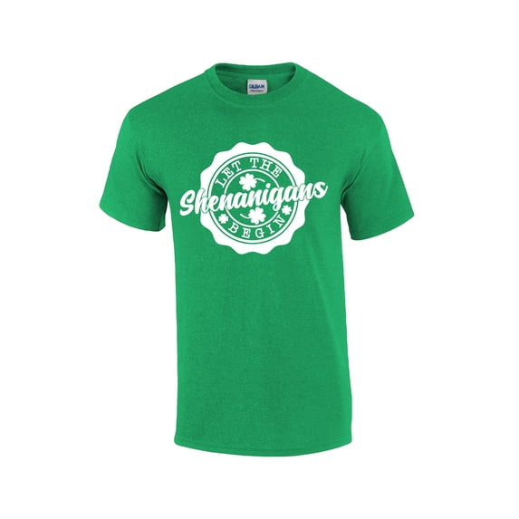 Mens Funny St. Patricks Day Let The Shenanigans Begin Shamrock Clover Short Sleeve T-shirt Graphic Tee-Antique Irish Green-small