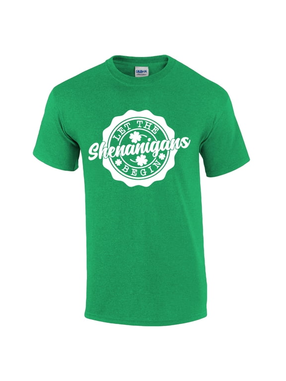 Mens Funny St. Patricks Day Let The Shenanigans Begin Shamrock Clover Short Sleeve T-shirt Graphic Tee-Antique Irish Green-small