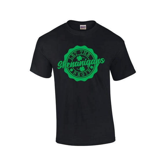 Mens Funny St. Patricks Day Let The Shenanigans Begin Shamrock Clover Short Sleeve T-shirt Graphic Tee-Black-xl