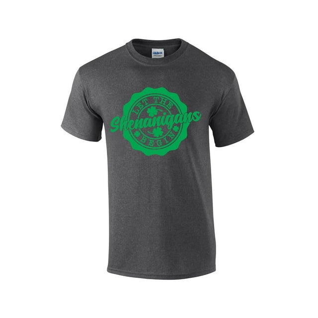Mens Funny St. Patricks Day Let The Shenanigans Begin Shamrock Clover Short Sleeve T-shirt Graphic Tee-Heather Grey-xl