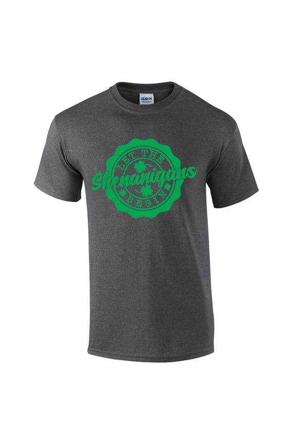 Mens Funny St. Patricks Day Let The Shenanigans Begin Shamrock Clover Short Sleeve T-shirt Graphic Tee-Heather Grey-xl