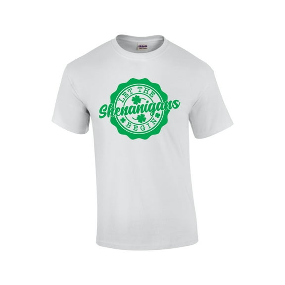 Mens Funny St. Patricks Day Let The Shenanigans Begin Shamrock Clover Short Sleeve T-shirt Graphic Tee-White-medium