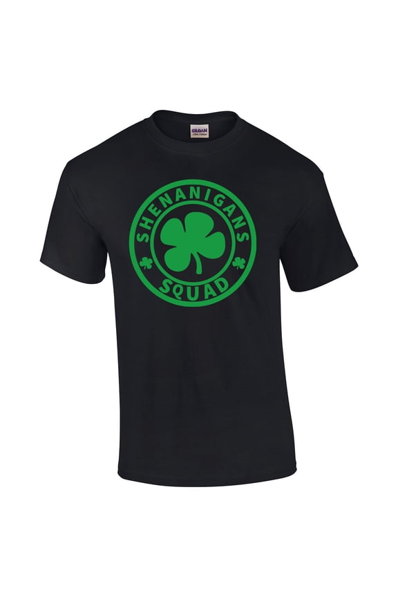 Mens Funny St. Patricks Day Shenanigans Squad Shamrock Clover Short Sleeve T-shirt Graphic Tee-Black-large