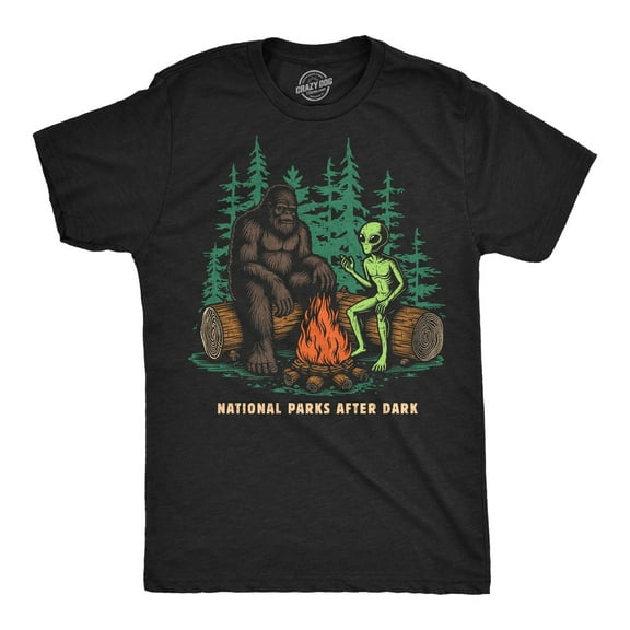 Mens Funny T Shirts National Parks After Dark Sarcastic Bigfoot Alien Graphic Novelty Tee for Men Graphic Tees