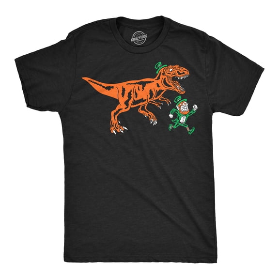 Mens T Rex Chasing Leprechaun T Shirt Funny St. Patricks Dino Tee For Men Graphic Tees