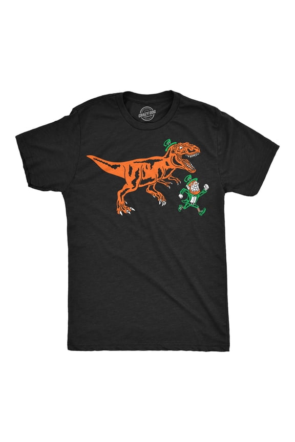 Mens T Rex Chasing Leprechaun T Shirt Funny St. Patricks Dino Tee For Men Graphic Tees