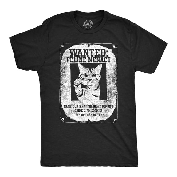 Mens Funny T Shirts Wanted Feline Menace Sarcastic Kitten Joke Tee For Men Graphic Tees