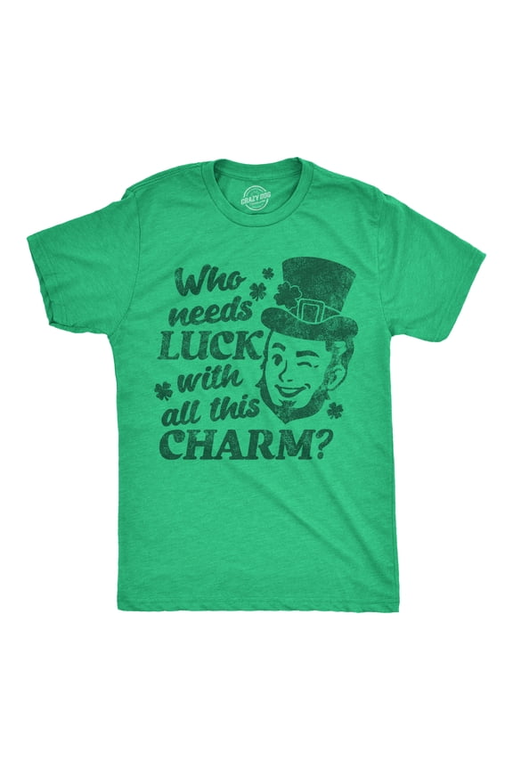 Mens Funny T Shirts Winking Leprechaun Who Needs Luck With All This Charm Tee for Men Graphic Tees