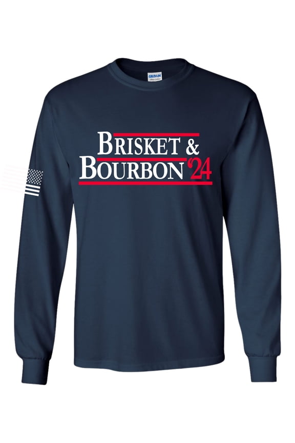 Mens Funny Tshirt Brisket & Bourbon 2024 Long Sleeve T-shirt-Navy-small