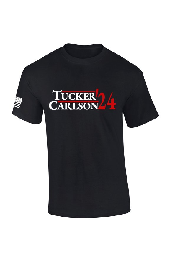 Mens Funny Tucker 2024 Carlson '24 Campaign Tee Patriotic American Flag Sleeve T-shirt-Black-xxl