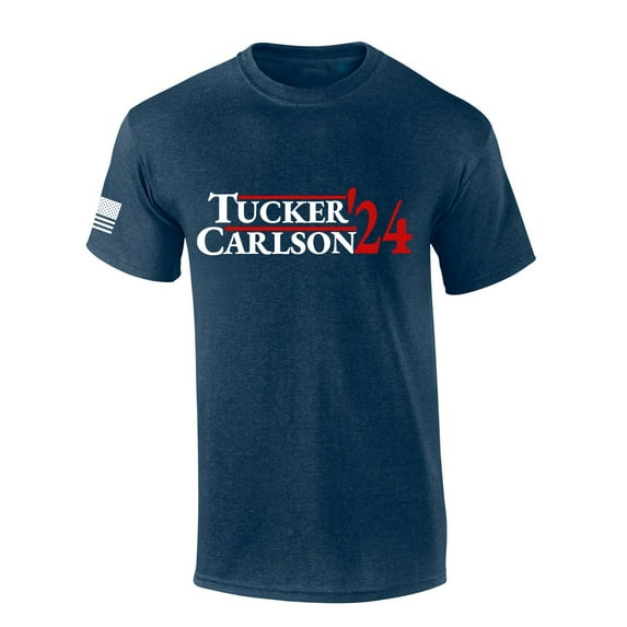 Mens Funny Tucker 2024 Carlson '24 Campaign Tee Patriotic American Flag Sleeve T-shirt-Heather Navy-large