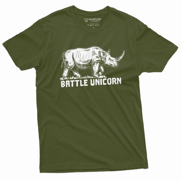 Mens Funny Unicorn T-Shirt Rhino Battle Unicorn Shirt Humorous Tee Tshirt (Large Military Green)