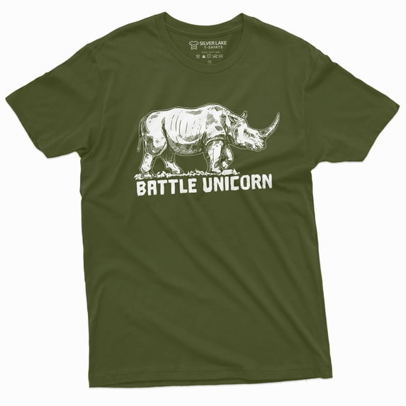 Mens Funny Unicorn T-Shirt Rhino Battle Unicorn Shirt Humorous Tee Tshirt (Medium Military Green)