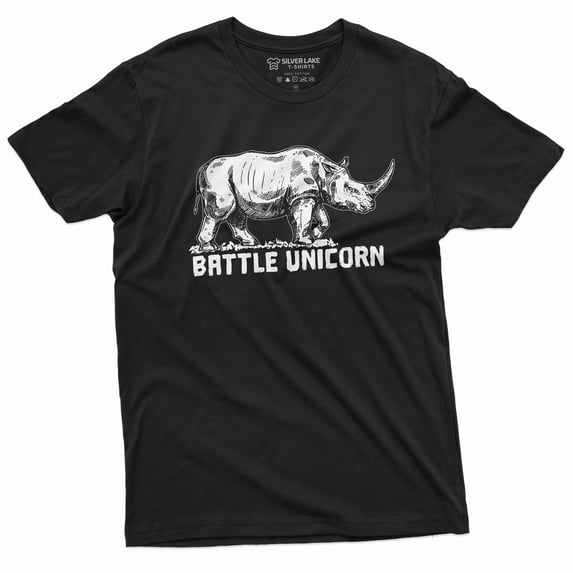 Mens Funny Unicorn T-Shirt Rhino Battle Unicorn Shirt Humorous Tee Tshirt (Small Black)