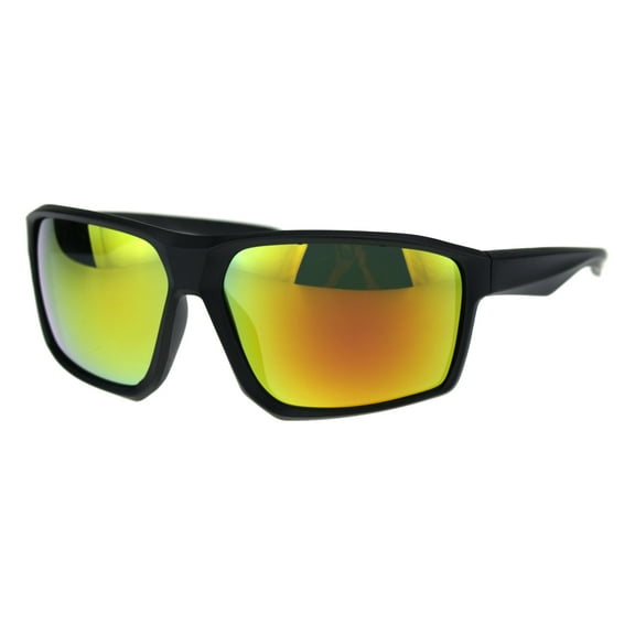 Mens Futuristic Robotic Squared Matte Plastic Black Frame Sunglasses Orange Mirror