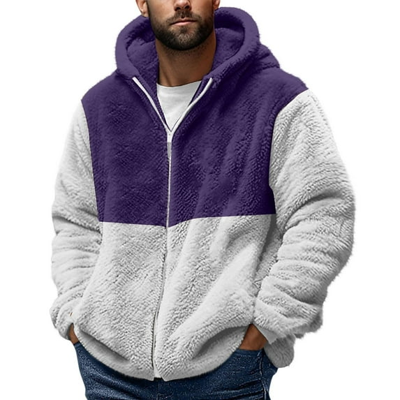 Mens Fuzzy Fleece Coats Color Block Loungewear Winter Warm Thick Long Sleeve Full-Zip Hooded Casual Jacket Coats Outwear Fashion Purple 5XL