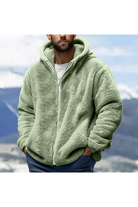Mens Fuzzy Fleece Jacket Long Sleeve Full-Zip Hooded Shirt Casual Warm Winter Coats Outdoor Fashion Outerwear New Mens Long Sleeve Jackets Green XL