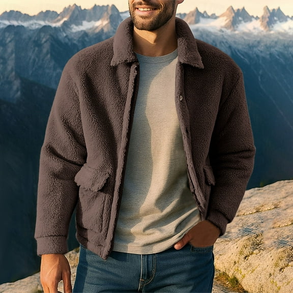 Mens Fuzzy Fleece Jackets Lapel Long Sleeve Button Coat Fall Winter Warm Outwear Jacket with Pockets Light Weight Hoodies for Men Zip up Brown XL