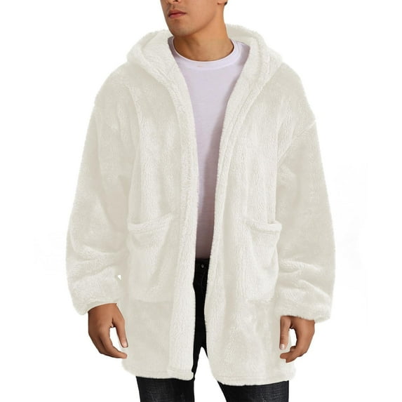 Mens Fuzzy Fleece Sherpa Jacket Open Front Long Sleeve Hooded Coat Casual Solid Color Fall Winter Warm Outerwear with Pocket