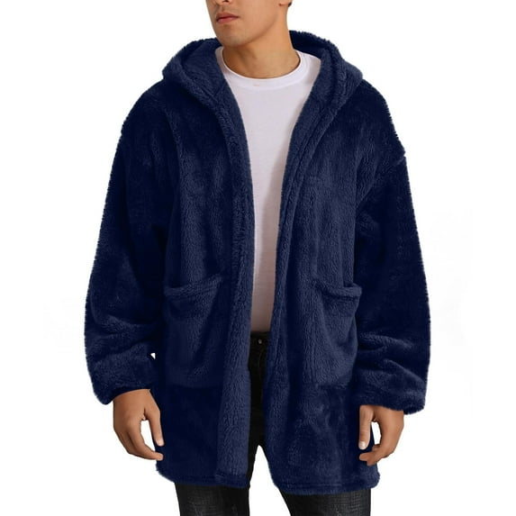 Mens Fuzzy Fleece Sherpa Jacket Open Front Long Sleeve Hooded Coat Casual Solid Color Fall Winter Warm Outerwear with Pocket