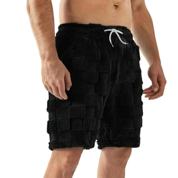 Mens Fuzzy Fleece Shorts Casual Elastic Waist Drawstring Loose Fit Checkered Short with Side Pockets (XL, Black)