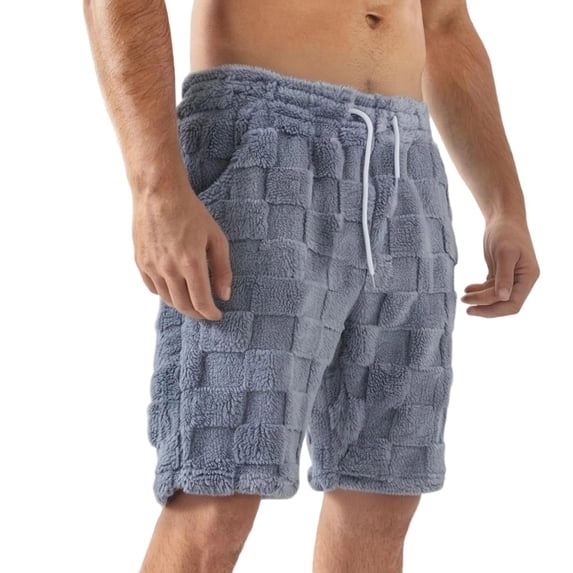 Mens Fuzzy Fleece Shorts Casual Elastic Waist Drawstring Loose Fit Checkered Short with Side Pockets (XL, Gray)