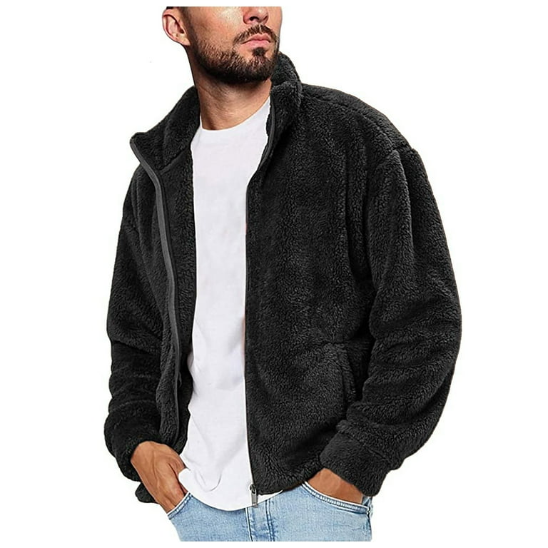 Mens Fuzzy Jacket Casual Winter Stand Collar Zip Up Outwear Coat
