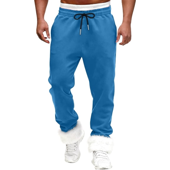 Mens Fuzzy Jogger Pants Faux Fur Trim Baggy Elastic Waist Holiday Bottoms Sweatpants with Pockets