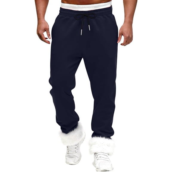 Mens Fuzzy Jogger Pants Faux Fur Trim Baggy Elastic Waist Holiday Bottoms Sweatpants with Pockets