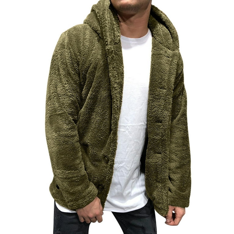 Mens Fuzzy Sherpa Fluffy Fleece Open Front Cardigan Button Down