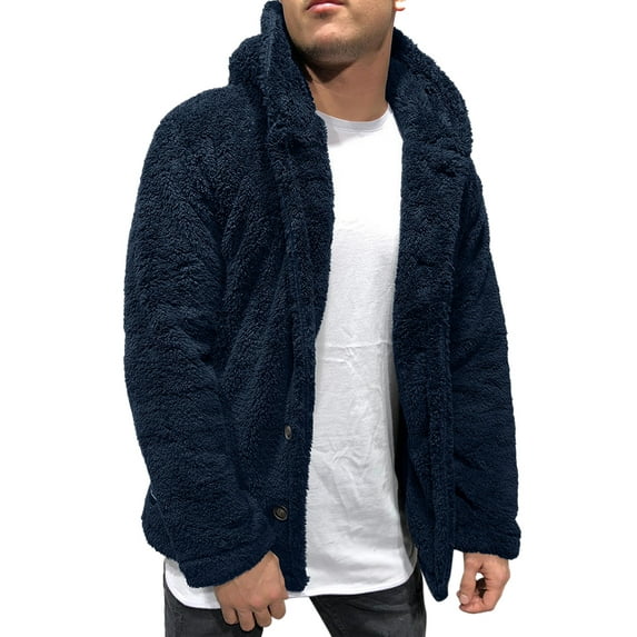 Mens Fuzzy Sherpa Fluffy Fleece Open Front Cardigan Button Down Soft Hoodie Coat Outwear Jacket Casual Winter Tops