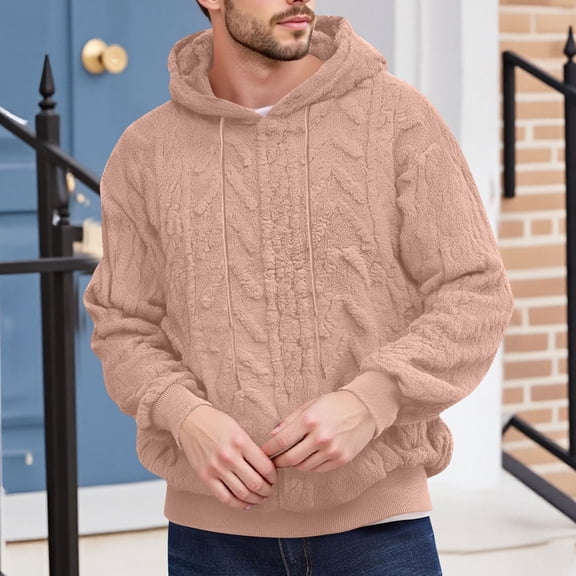 Mens Fuzzy Sherpa Hooded Sweatshirts Long Sleeve Fall Winter Pullover Front Pocket Textured Outwear for Everyday Wear (M, Khaki)