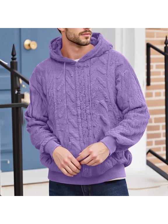 Mens Fuzzy Sherpa Hooded Sweatshirts Long Sleeve Fall Winter Pullover Front Pocket Textured Outwear for Everyday Wear (XXL, Purple)
